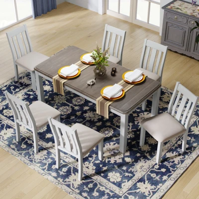 Retro Style 7-Piece Dining Table Set with Extendable Table, Brown+White