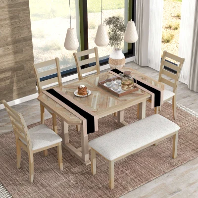 6-Piece Rubber Wood Dining Table Set with Wood Grain Pattern, Natural Wood Wash