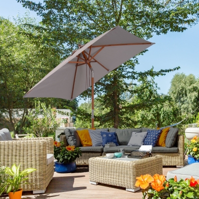 Outsunny 6.6 x 5ft Fir Wooden Patio Umbrella Market Parasol Tilt Mechanism 6 Ribs Garden Sunshade, Grey