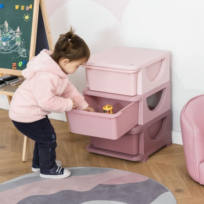 Qaba 3 Tier Kids Toy Organizer and Storage Bins with 3 Plastic Drawers, Pink