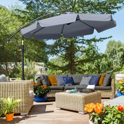 Outsunny 9FT Offset Hanging Patio Umbrella Cantilever Umbrella with Easy Tilt Adjustment, Cross Base and 8 Ribs for Backyard, Poolside, Lawn and Garden, Dark Grey