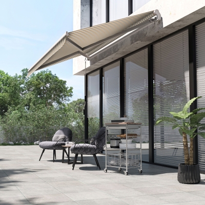 Outsunny 12' x 10' Retractable Awning Patio UV Resistant Fabric and Aluminum Frame for Deck, Balcony, Yard, Beige