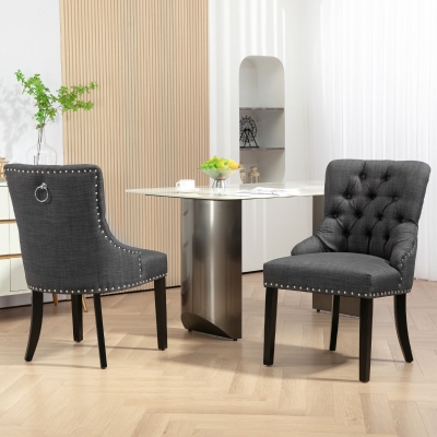 HOMCOM Swoop Air Linen Fabric Dining Chair Set of 2 with Nailhead Trim and Wood Legs, Dark Grey