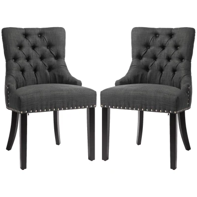HOMCOM Swoop Air Linen Fabric Dining Chair Set of 2 with Nailhead Trim and Wood Legs, Dark Grey
