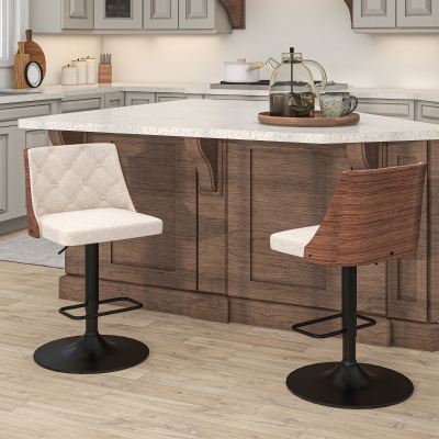 HOMCOM Counter Height Bar Stools Set of 2 with Solid Wood Back, Height Adjustable Swivel Barstools, Button Tufted Linen Fabric Bar Chairs with Footrest, Beige