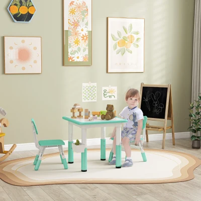 Qaba 3pc Height Adjustable Toddler Table & Chair Set, Green