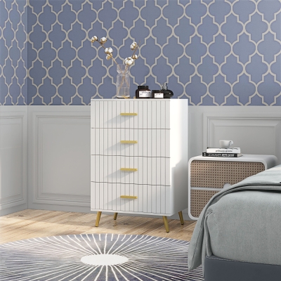 HOMCOM 4 Drawer Cabinet, Drawer Chest for Bedroom, Chest of Drawers with Aluminium Legs and Gold Handles, White