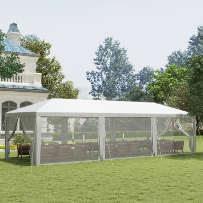 Outsunny 10' x 28' Outdoor Canopy, Party Tent, Garden Sun Shade with 8 Mosquito Mesh Netting and Zipper Door, White