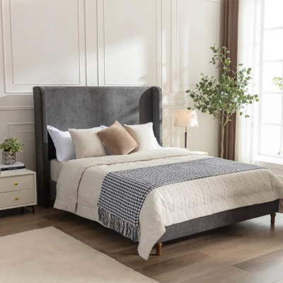 Harper Queen Size Upholstered Bed Frame with 54" Tall Headboard, Dark Gray