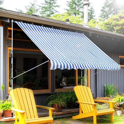 Outsunny 10x5ft Manual Retractable Awning, Patio Sun Shade Canopy Shelter with 5.6-9.2ft Support Pole, Water Resistant UV Protector, for Window, Door, Porch, Deck, Blue