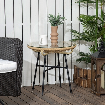 Outsunny Rattan Side Table, Round Outdoor Table, with Round PE Rattan and Tempered Glass Table Top for Patio, Garden, Beige