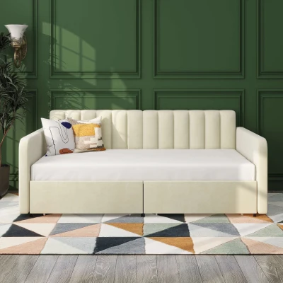Flora Twin Size Upholstered Daybed Frame with 2 Drawers, Ivory
