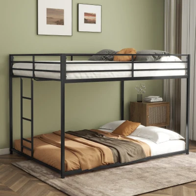 Full Over Full Metal Bunk Bed Frame with Guardrails, Black