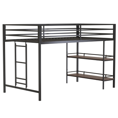 Junior Twin Loft Metal Bunk Bed Frame with Cinnamon Wood Shelf, Black