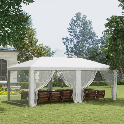 Outsunny 10' x 20' Party Tent Outdoor Canopy Garden Sun Shade with 8 Mosquito Mesh Netting and Zipper Door, White