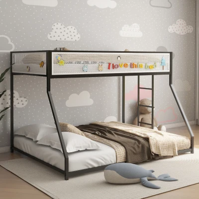 Twin Over Full Bunk Bed Frame with Mesh Guard Rail, Black