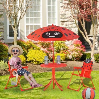 Outsunny Kids Folding Picnic Table and Chair Set Pattern Outdoor Garden Patio Backyard with Removable & Height Adjustable Sun Umbrella Red