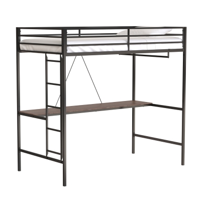 Adam Twin Loft Bunk Metal Bed Frame with Desk and Closet Rod, Black