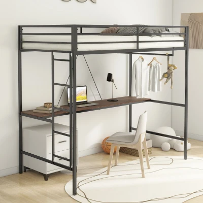 Adam Twin Loft Bunk Metal Bed Frame with Desk and Closet Rod, Black