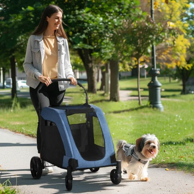 PawHut Dog Stroller for Medium Dogs, Folding 4-Wheel, Blue