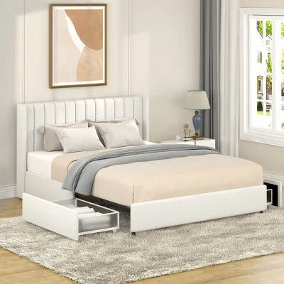 Queen Size Upholstered Platform Bed Frame with 2 Drawers, Ivory