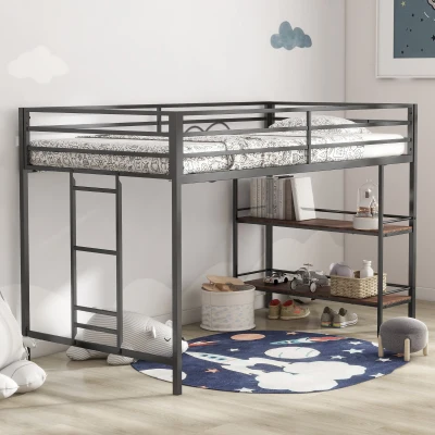Junior Twin Loft Metal Bunk Bed Frame with Cinnamon Wood Shelf, Black