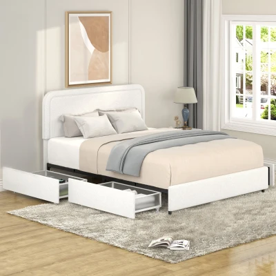 Liv Queen Size Upholstered Platform Bed Frame with 4-Drawer Storage, Ivory