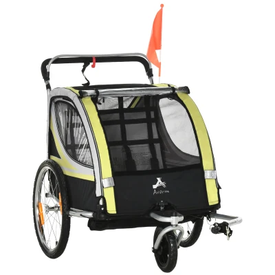 Aosom 2 Seat Bike Trailer for Kids 2-in-1 Double Baby Jogging Stroller with Handbrake, Rubber Wheels, 5 Point Harness, Waterproof Cover, Storage Bag, Reflectors, Yellow