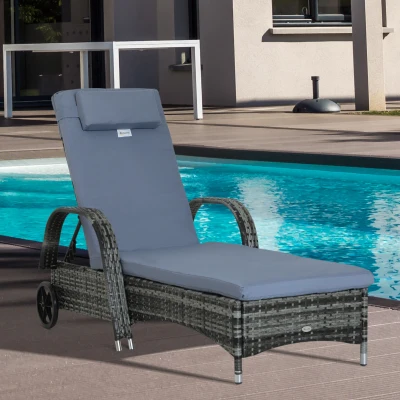 Outsunny Wicker Outdoor Chaise Lounge, 5-Level Adjustable, Gray