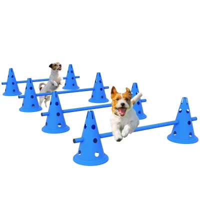 PawHut 39''L Set of 4 Dog Agility Hurdle Cone Set for Large Medium Small Size Dog, Agility Training Equipment 8 Cones 4 Rods Starter Kit with Carrying Bag, Blue