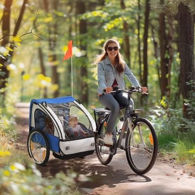 Aosom Double Bike Trailer for Kids Baby Toddler 80lbs Load w/ Steel Frame, 5-Point Safety Belts, Universal Bicycle Connect, Reflectors, Red Flag, Waterproof Cover, Blue
