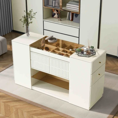 Modern Luxury Multi-Functional Island Vanity Dresser and Storage Cabinet with Glass Tabletop, Cream White