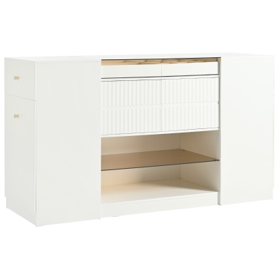 Modern Luxury Multi-Functional Island Vanity Dresser and Storage Cabinet with Glass Tabletop, Cream White