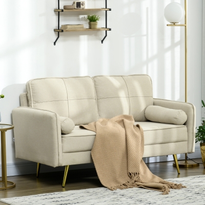 HOMCOM 56" Loveseat Sofa for Bedroom Upholstered 2 Seater Couch with Back Cushions and Pillows, Beige