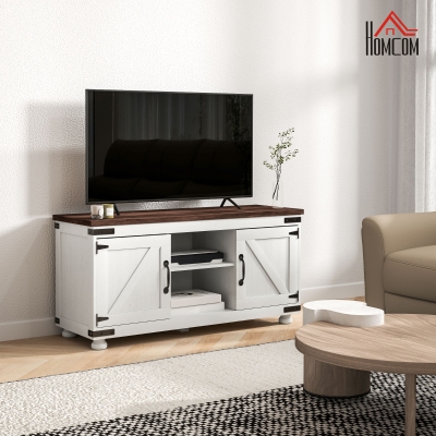 HOMCOM Farmhouse TV Stand for up to 50" TV, TV Cabinet with Barn Doors, Cable Management for Living Room, Distressed White