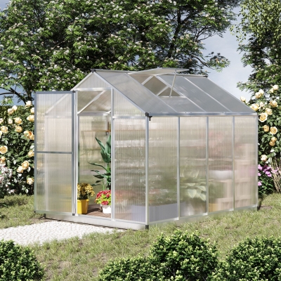 Outsunny 6' x 8' x 6.4' Polycarbonate Greenhouse, Aluminum Walk-In Green House Kit Garden, Plants Grow with Rain Gutter and Roof Vent, Silver