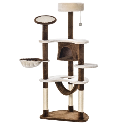 PawHut 60" Cat Scratching Tree, Cat Bed Condo Post House Pet Furniture Toys-Brown & Beige