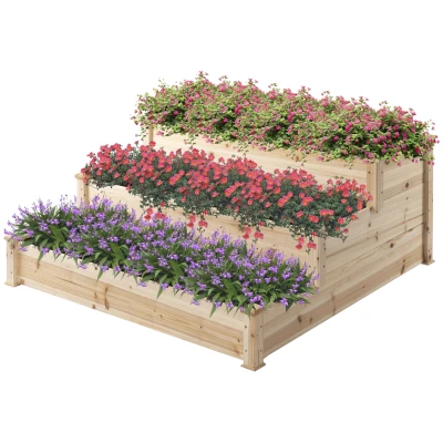 Outsunny 49" x 49" x 22" 3-Tier Raised Garden Bed Wooden Planter Kit Elevated Plant Box Stand for Yard, Patio, Natural