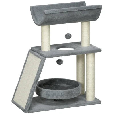 PawHut Small Cat Tree with Perch, Scratching Posts, Pad, Bed, Toy Balls, Light Grey