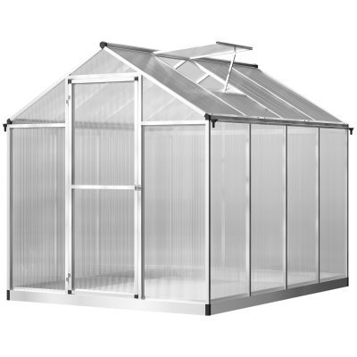 Outsunny 6' x 8' x 6.4' Polycarbonate Greenhouse, Aluminum Walk-In Green House Kit Garden, Plants Grow with Rain Gutter and Roof Vent, Silver