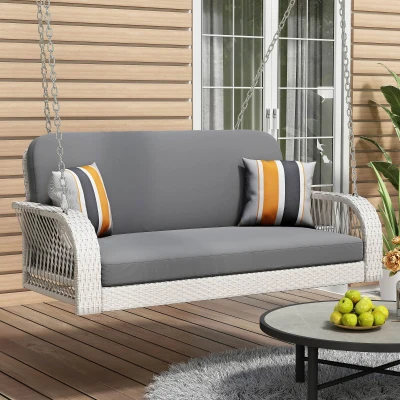 49" PE Wicker Porch Swing with Chains, Grey+White