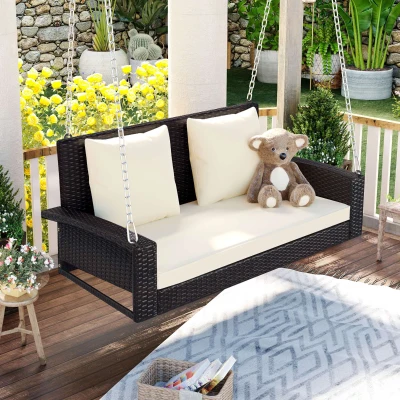 2-Person Wicker Hanging Porch Swing with Chains, Brown