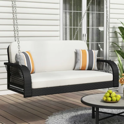 49" PE Wicker Porch Swing with Chains, Beige+Black