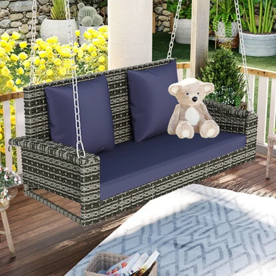 2-Person Wicker Hanging Porch Swing with Chains, Blue-gray