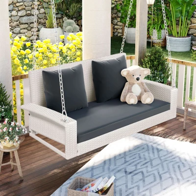 2-Person Wicker Hanging Porch Swing with Chains, White