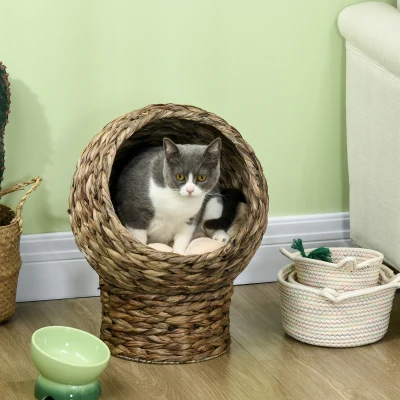 PawHut Handwoven Elevated Cat Bed, 23.5" H, Gray Wicker