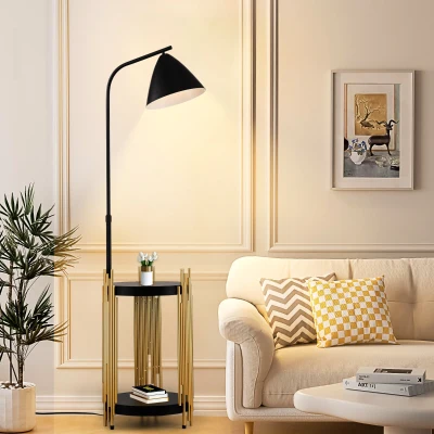 Luxury Floor Lamp with Shelves and Metal Lampshade, Gold+Matte Black