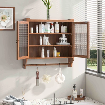 Vintage Double Door Wall Cabinet with Glass Doors, Brown