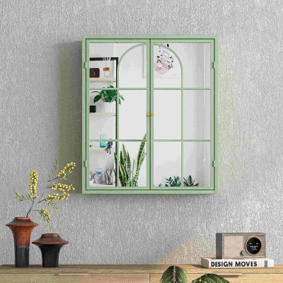 Vintage Two Door Wall Cabinet with Mirror, Green