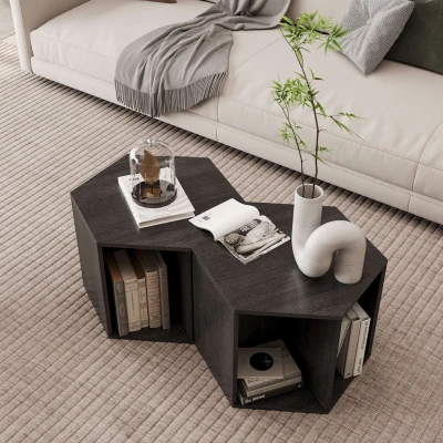 Hexagonal Coffee Table Set, Black Brown